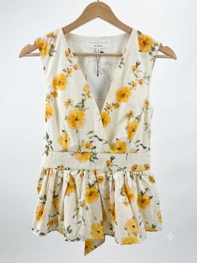 NWT Essentielle by En Saison Yellow Floral V-Neck Peplum Top -  M (Fits Small)